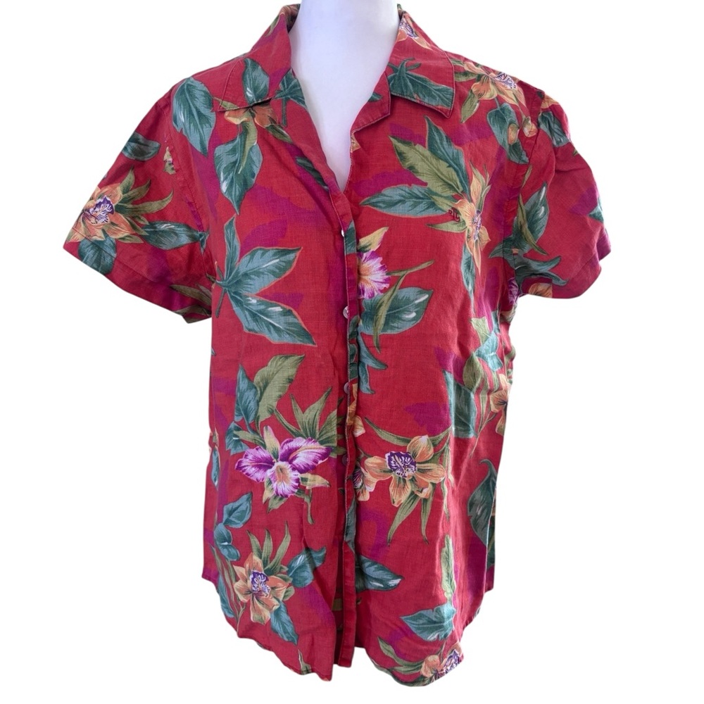 Ralph Lauren 100% Linen Red Tropical Floral Button Front Blouse Size L